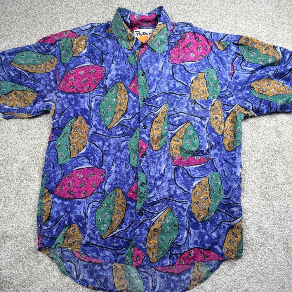 Vintage Protest 100% Silk Abstract Geometric Button Down Shirt Mens Medium